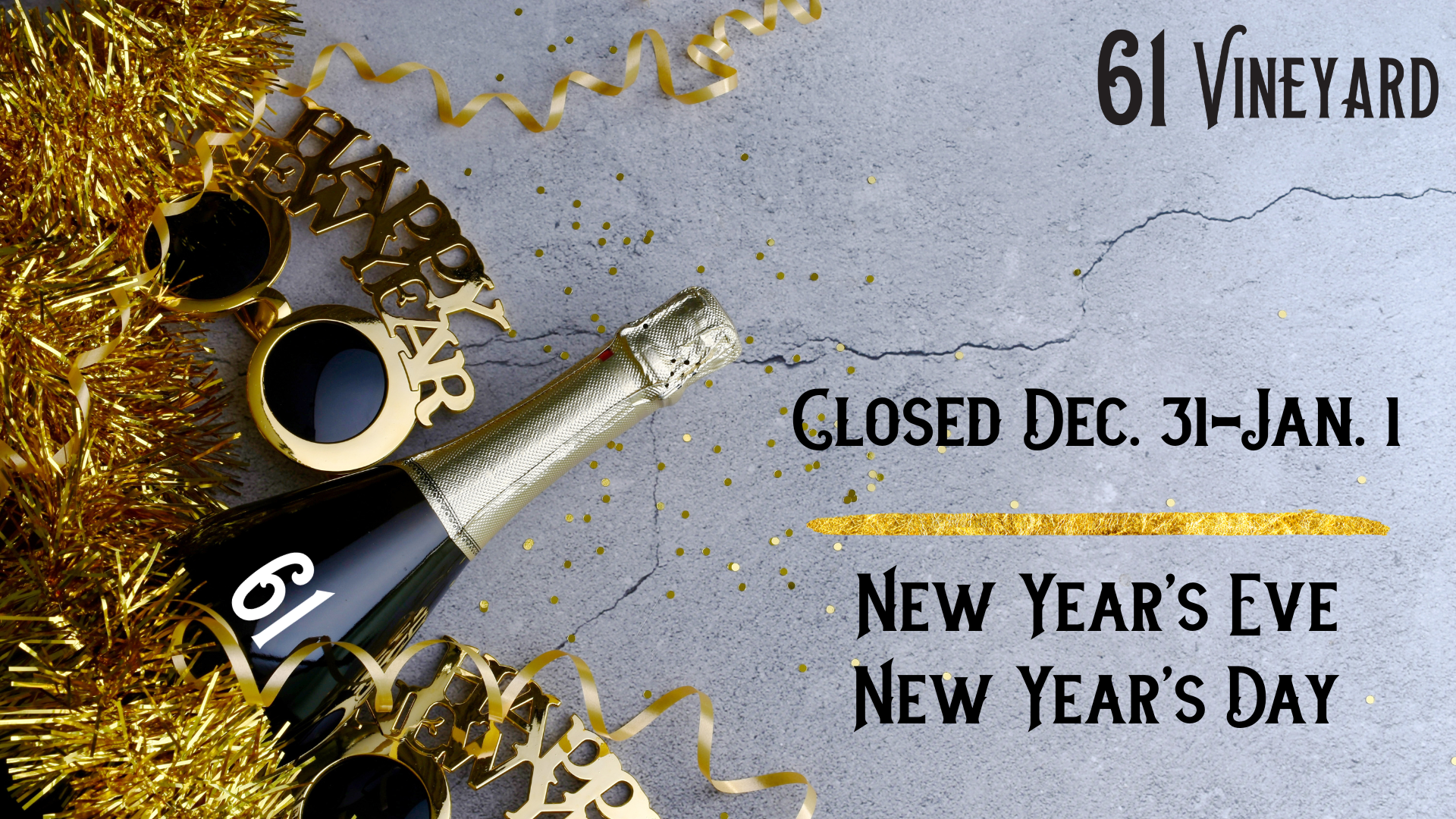 Celebratory gold garland and confetti surround a champagne bottle and Happy New Year glasses.